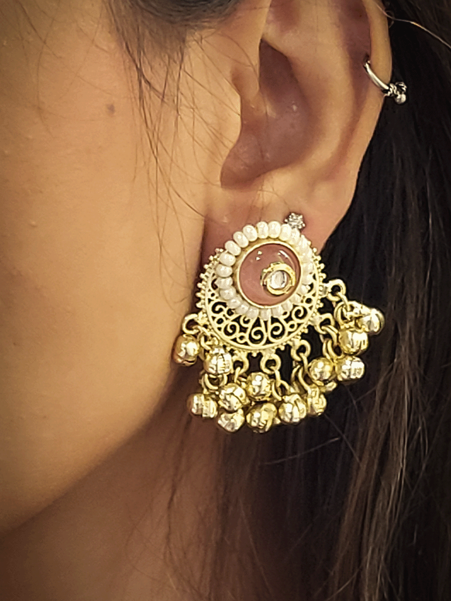 Circular coloured stone pirohi earrings with ghunghru hangings and kundan in middle