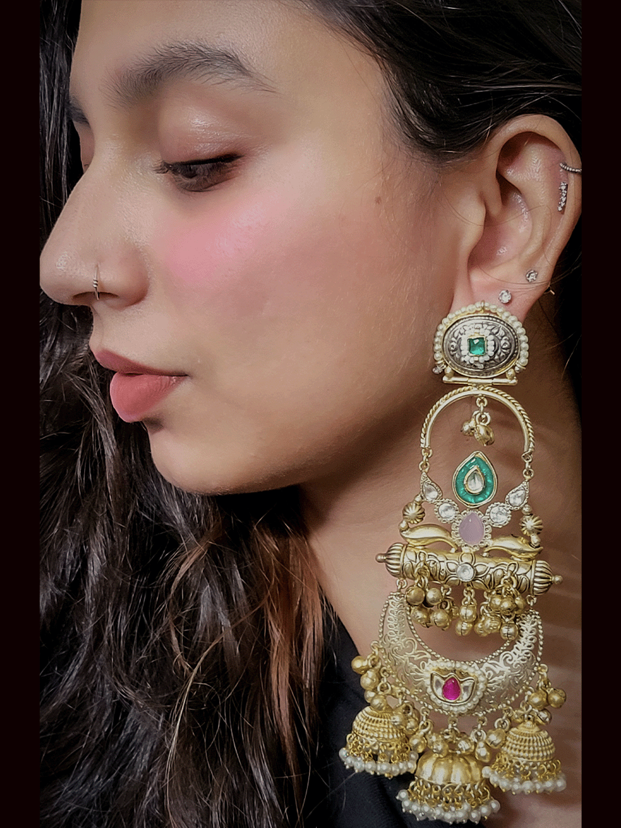 15cm long white and gold finish peacock and chandbali design kundan studded earrings(weight-64gm one earring)