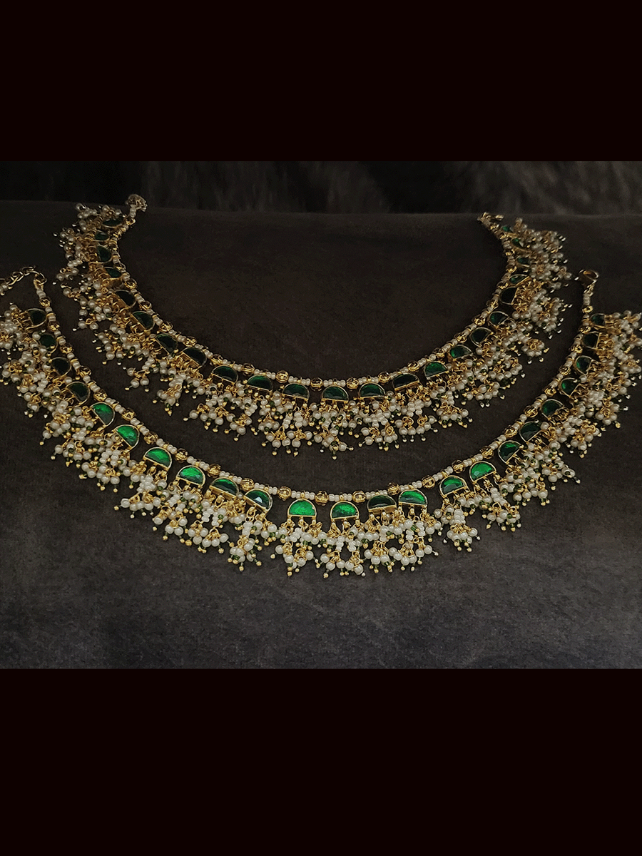 Paachi kundan anklets with pearly frill