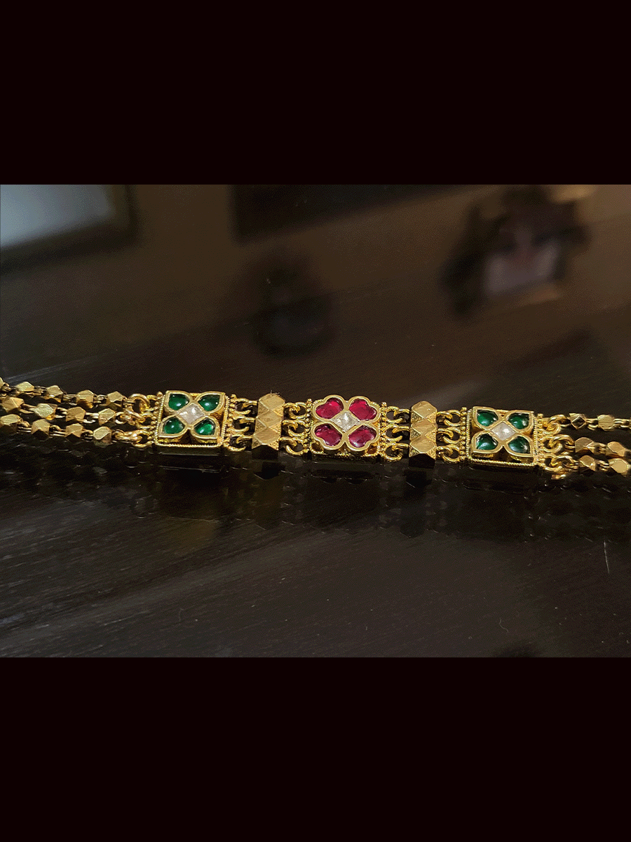 Ruby and green paachi kundan flower design chain adjustable bracelet