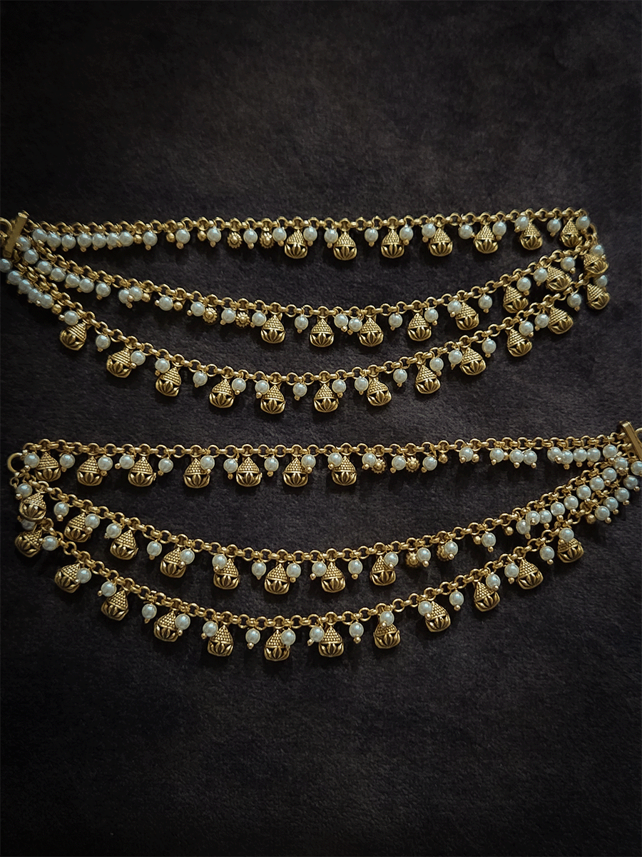 Dotted and leaf design in golden tukdies three layer ear chains