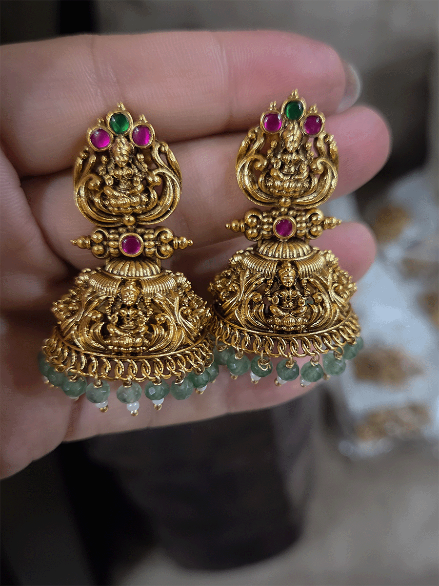 Laxmiji top with ruby and green stones and laxmiji domb jhoomki with green drops