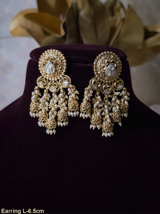Circular top with paachi kundan work five jhoomki hanging tassels earrings