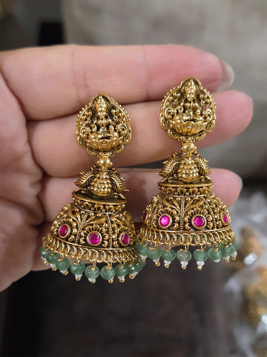 Laxmiji motif top with peacock in between flower design domb jhoomki