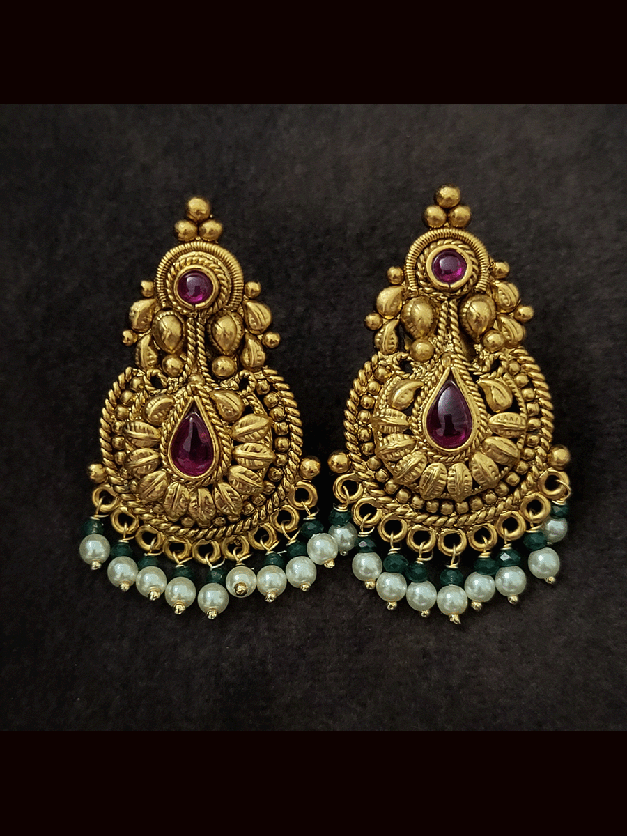 Tear drop ruby stone traditional design earring with green and white bead drops