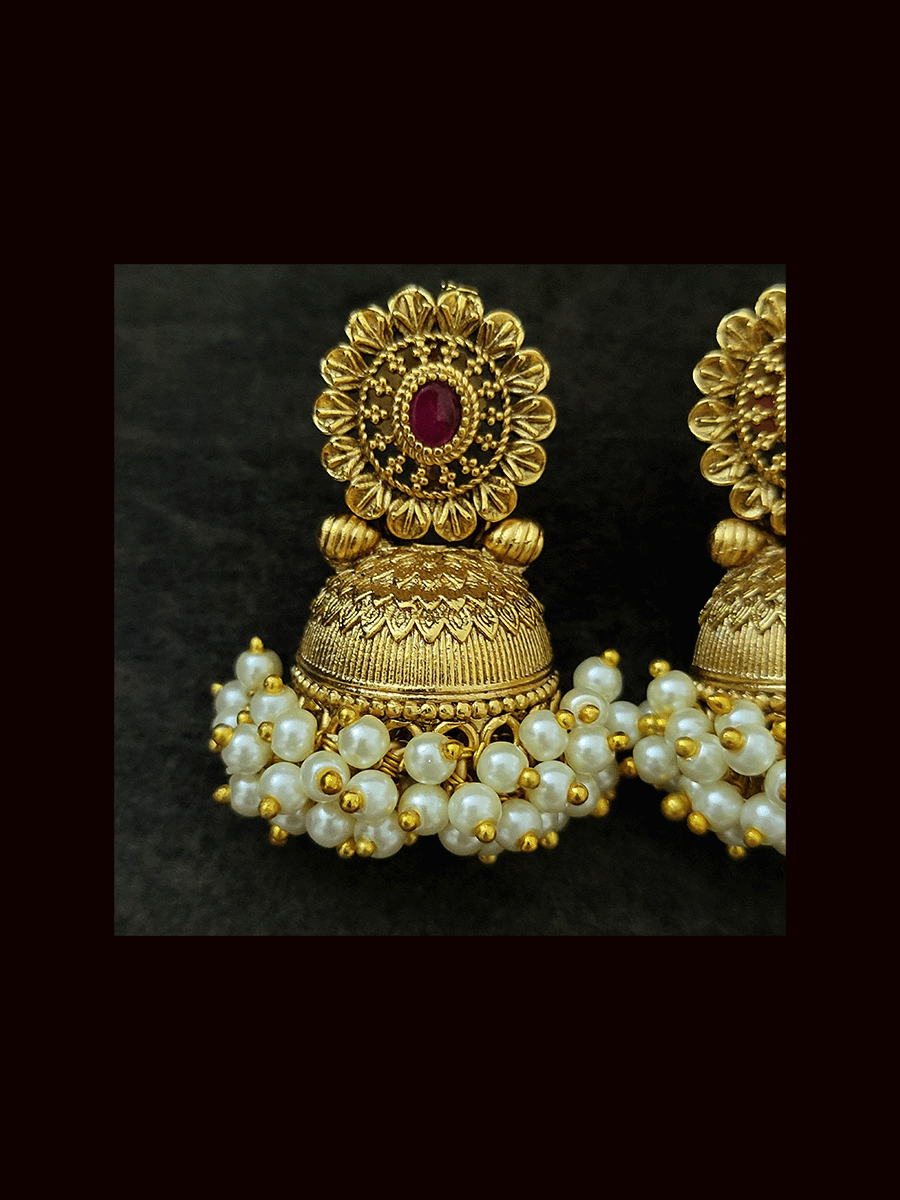 Flower top half jhoomki pearly cluster bottom earrings