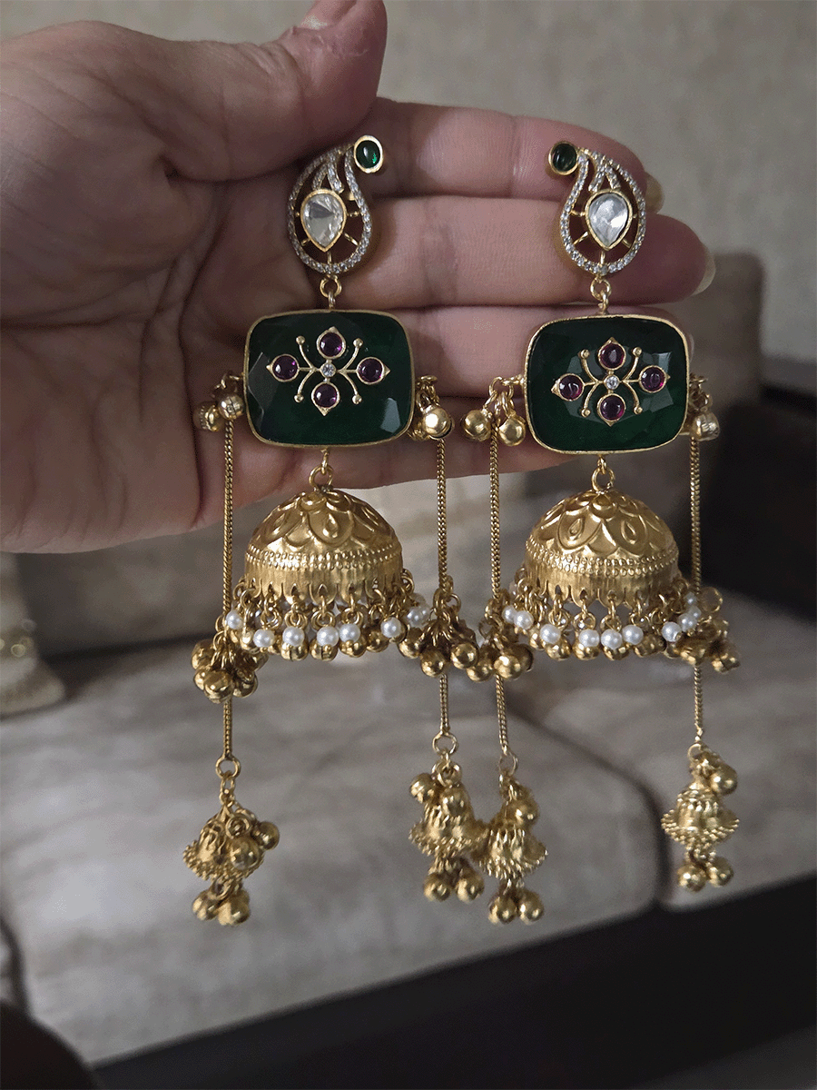 14cm long chain tassels with ghunghru hangings rectangular coloured stone inlay work jhoomkies