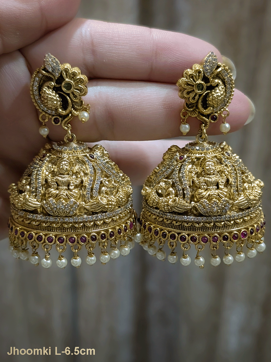 Peacock top laxmiji domb jhoomki studded with zircons(Jhoomki L-6.5cm)