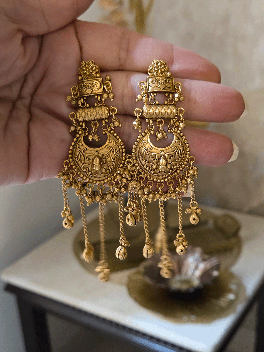 Flower top five chain tassels with ghunghru drops 10cm long earrings