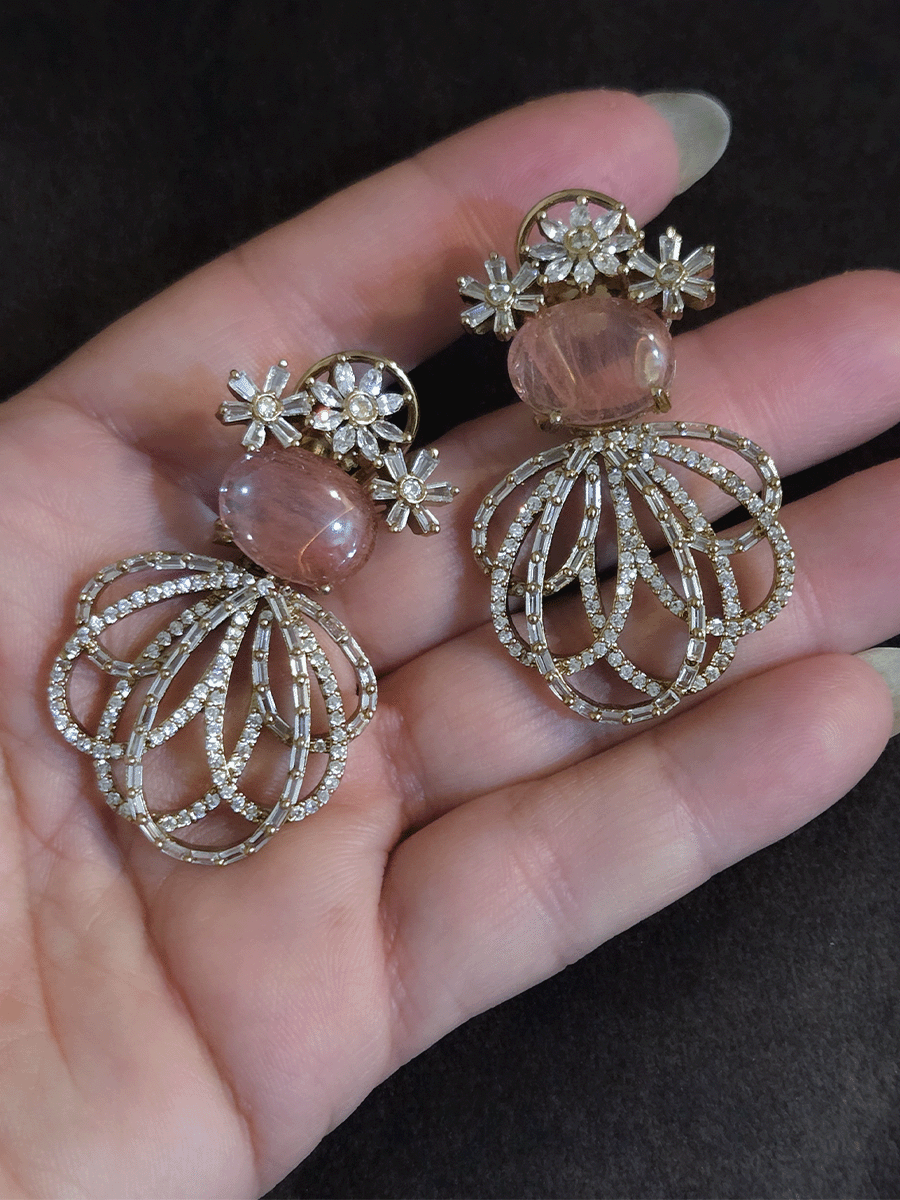 Three Baguette flower top earrings with oval coloured stones and loop design