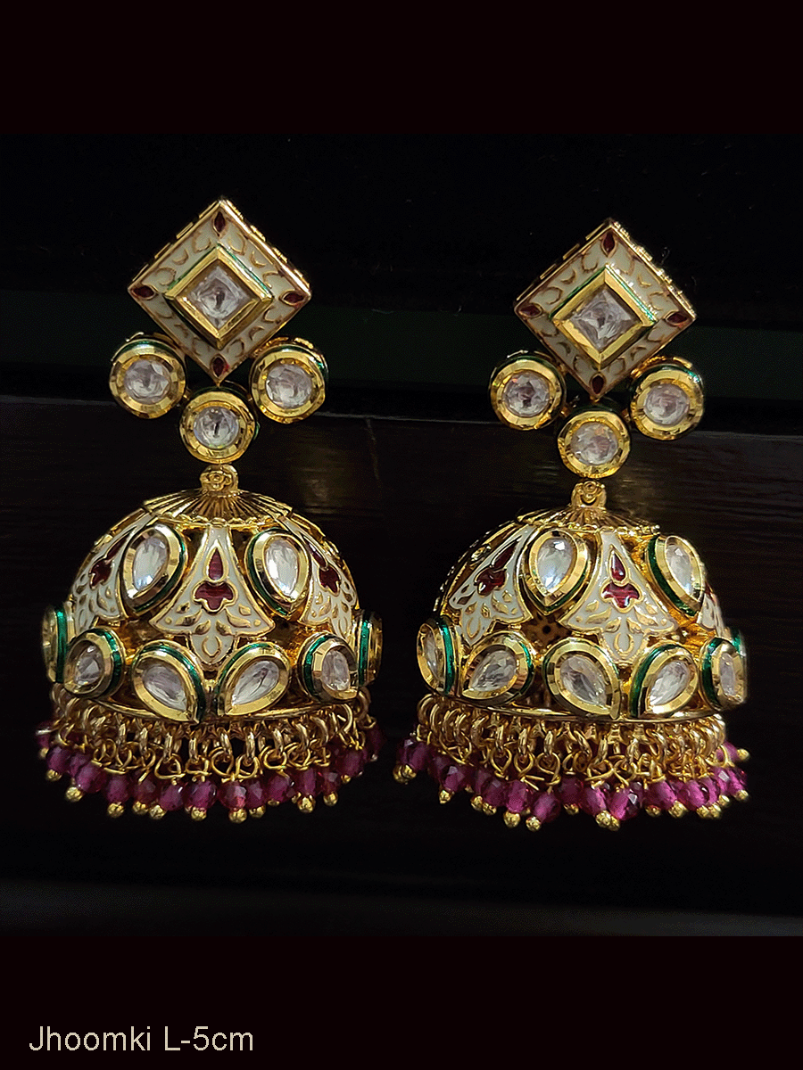 White and coloured enamel kundan jhoomkies with coloured beads