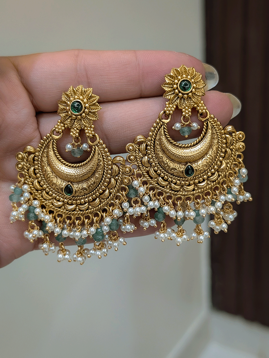 Flower top Chandbali design gold plated earrings with hanging pearly frill