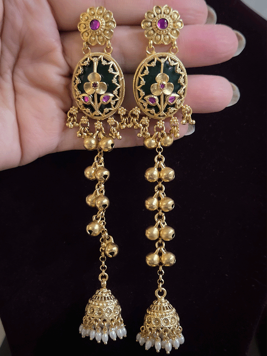Oval green stone flower design long chain earrings with jhoomki hanging and ghunghru's on chain
