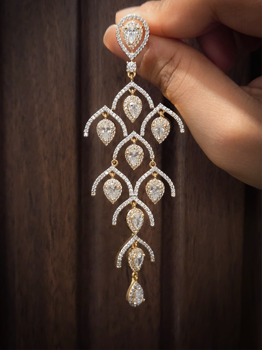 Modern 10cm long AD earrings with tear drop shaped white stones drops