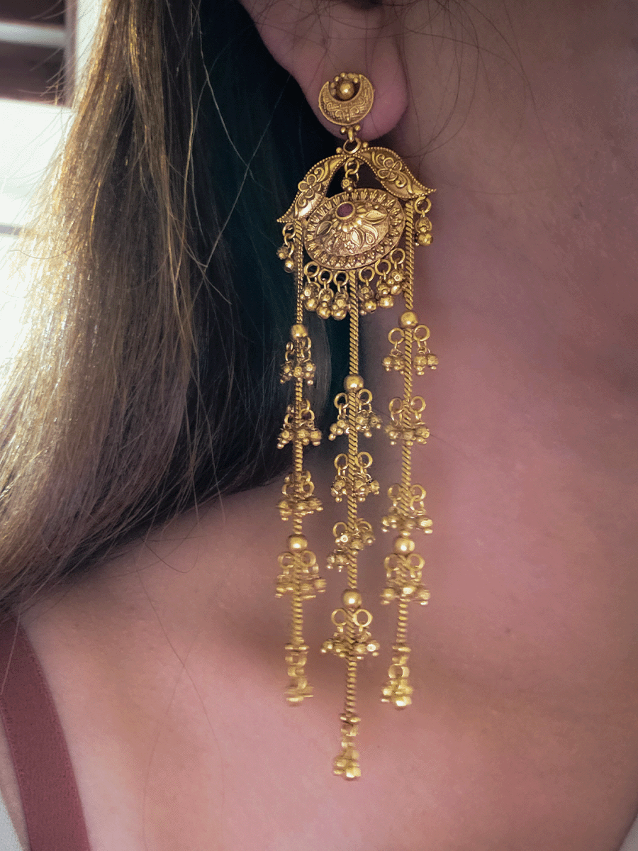 Ruby stones oval and leaf sides design three chain tassels with ghunghru hangings 13cm long earrings