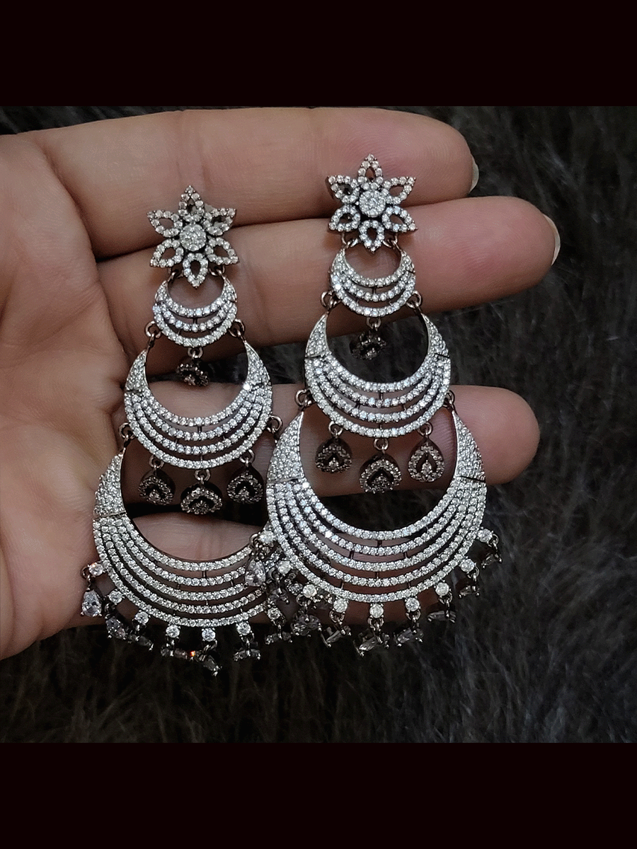 Flower top zircon studded three tier chandbali earrings