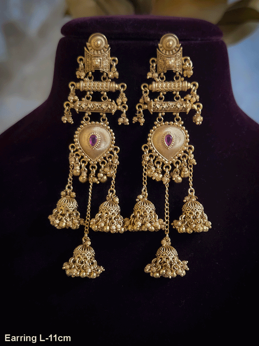 Leaf shaped ruby stone center triple jhoomki hangings long earrings
