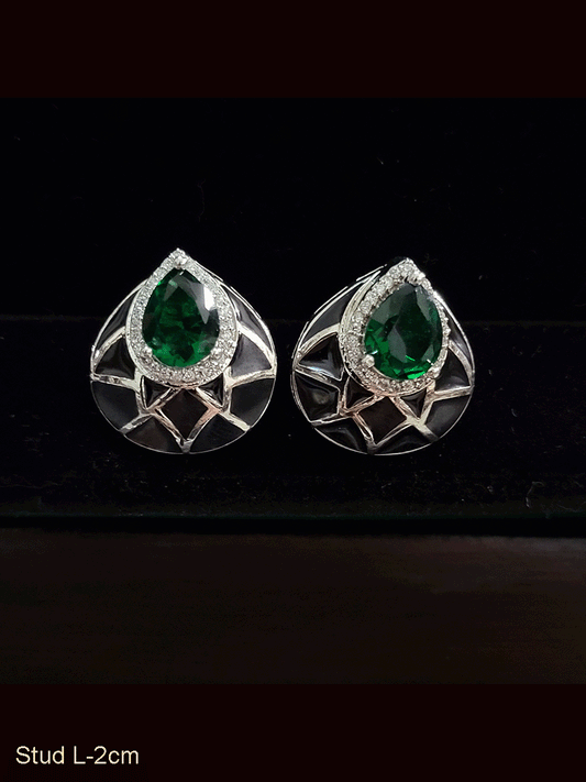 Black enamel leaf shaped coloured stone silver finish earrings