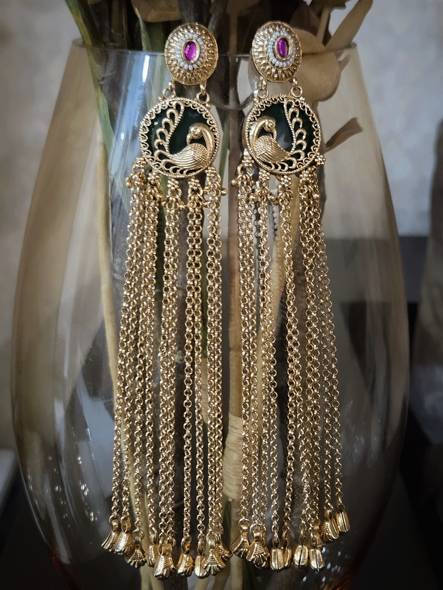 Peacock design on green circular stone 17cm long chain tassel earrings