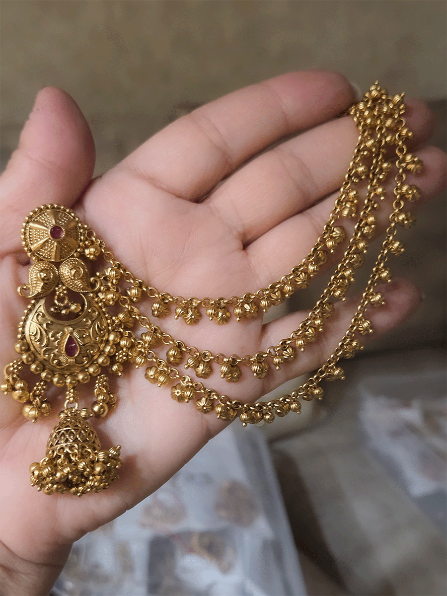 Circular top and paisley design long jhoomki with flower design triple side chains