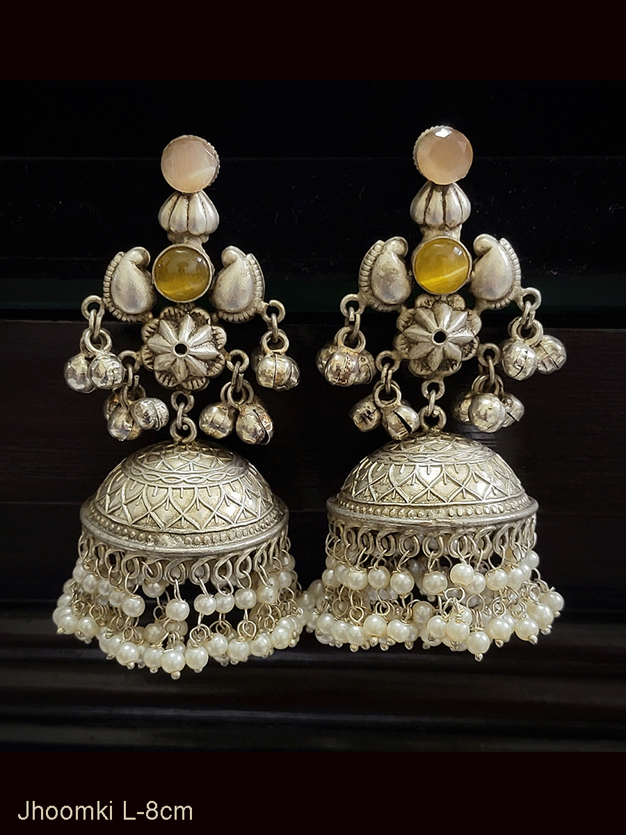 Flower center with coloured stones ghunghru hanging german silver jhoomkies(silver finish)