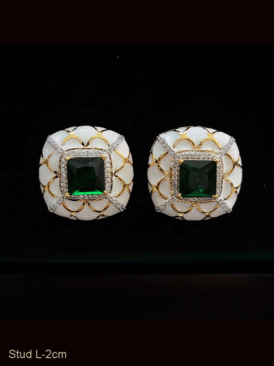 Enamel work square studs with square coloured stone in the center with zircon detailing