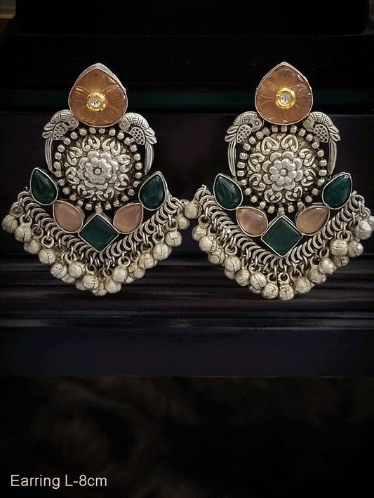 8cm long coloured leaf top stone with kundan white finish peacock sides german silver ghunghru hanging earrings