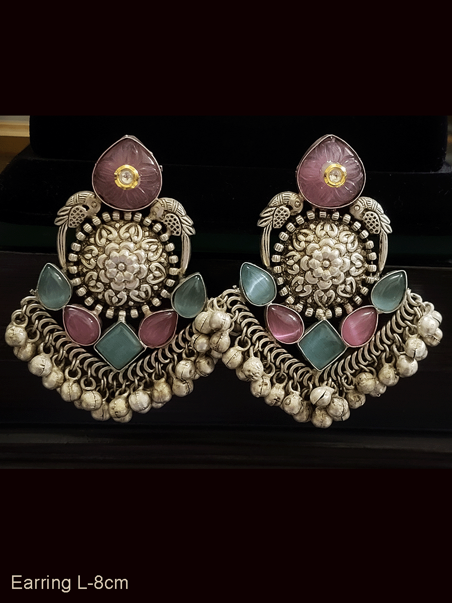 8cm long coloured leaf top stone with kundan white finish peacock sides german silver ghunghru hanging earrings