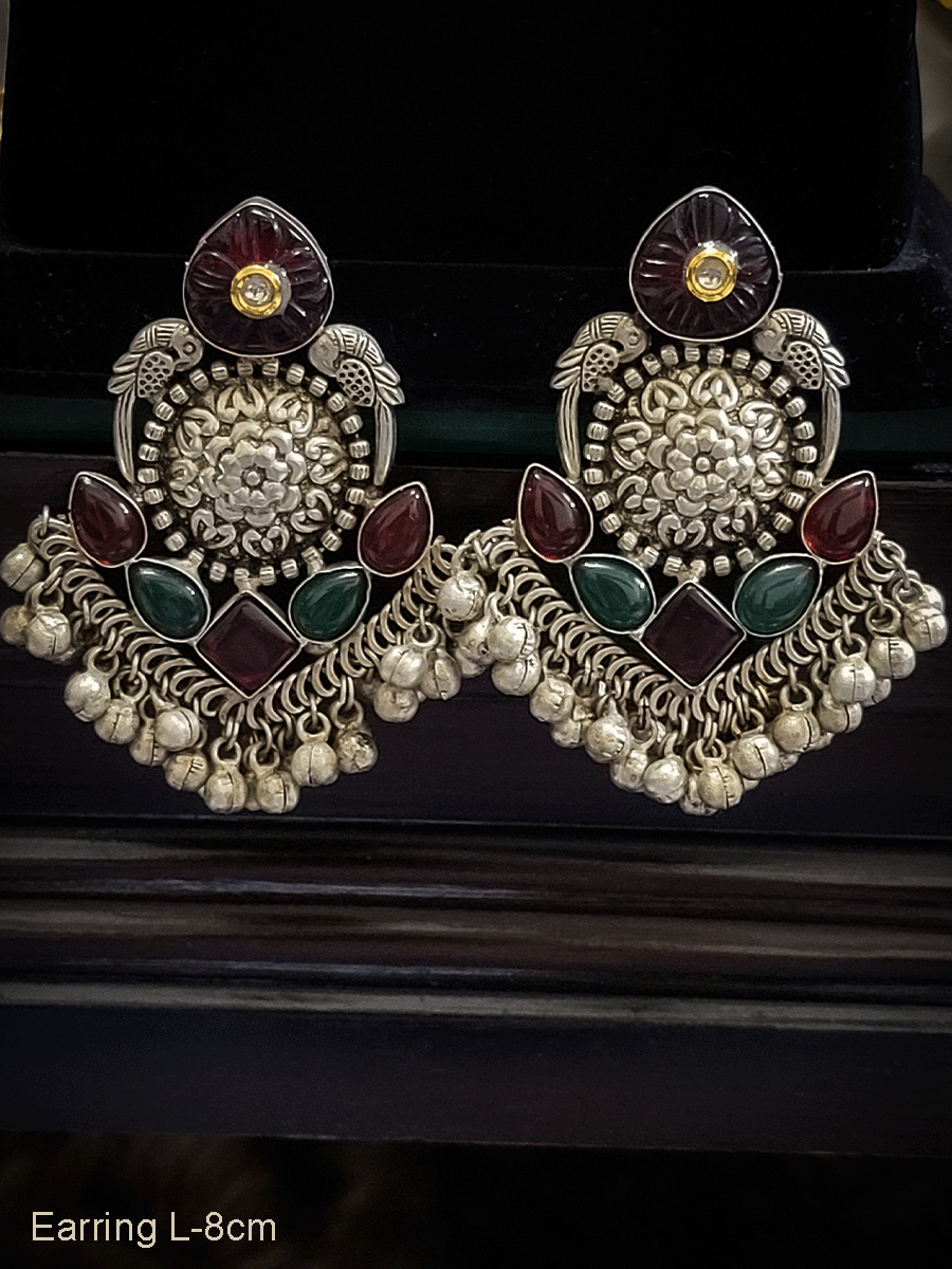 8cm long coloured leaf top stone with kundan white finish peacock sides german silver ghunghru hanging earrings