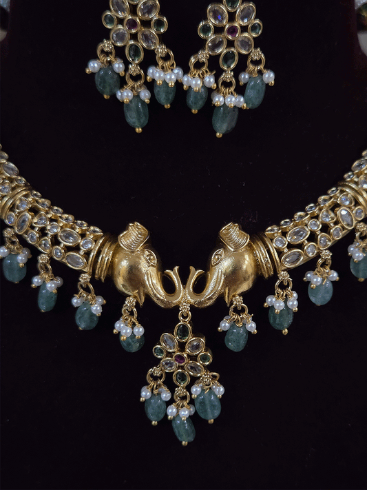 Elephant mouth center with jade drops polki embedded hasli set