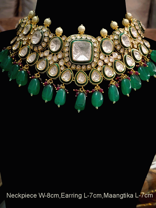 8cm broad bold kundan green enamel green drops set with maroon small beads detailing