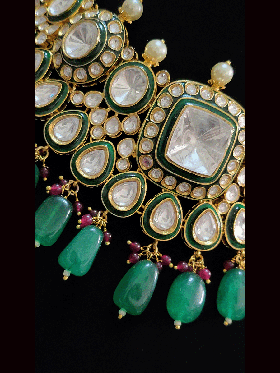 8cm broad bold kundan green enamel green drops set with maroon small beads detailing