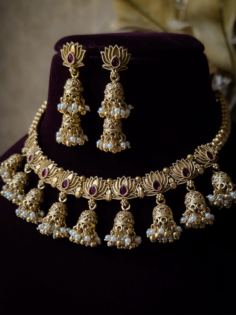Lotus design with ruby stone set with jhoomki hanging's
