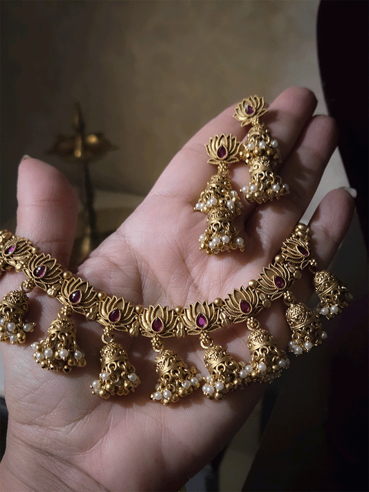 Lotus design with ruby stone set with jhoomki hanging's