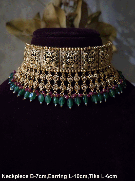Traditional square design broad choker with hanging tukdies and coloured beads