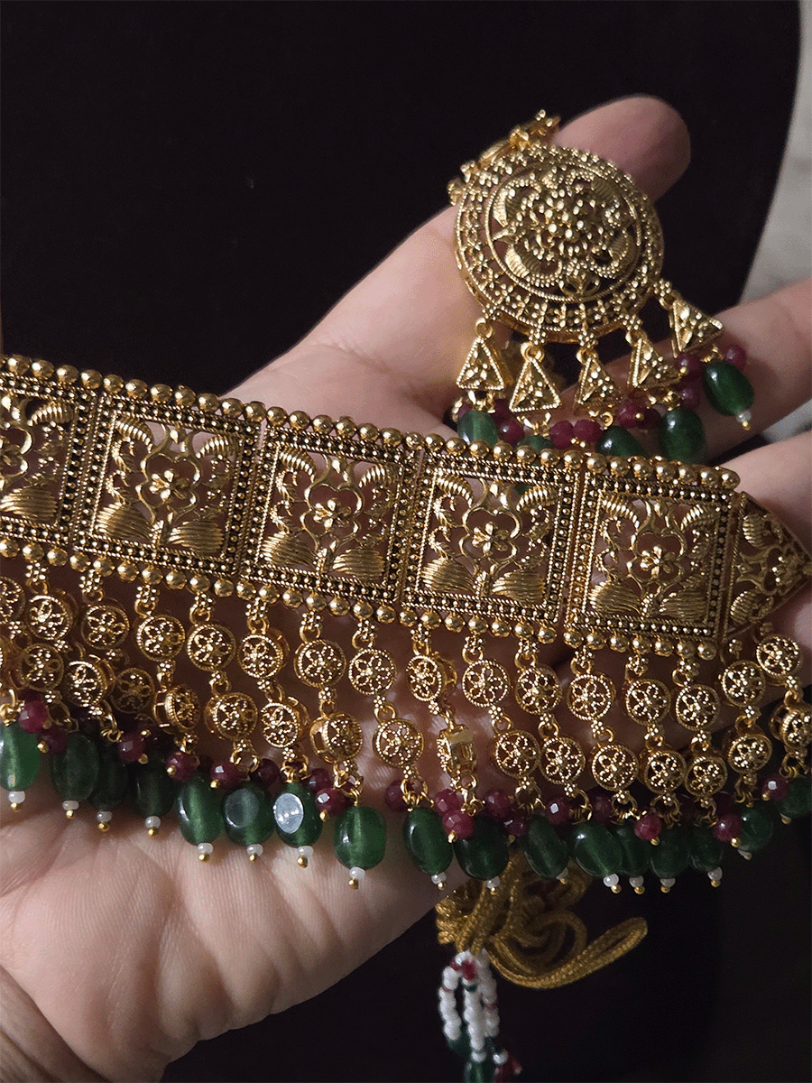 Traditional square design broad choker with hanging tukdies and coloured beads