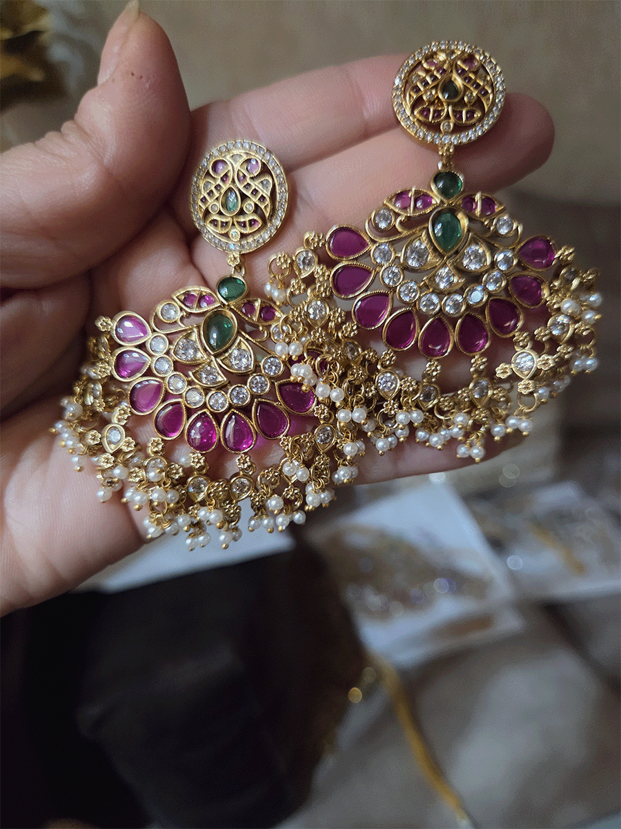 Ruby,green stones and polki studded pearly hangings choker with half ruby stones flower tukdi hanging