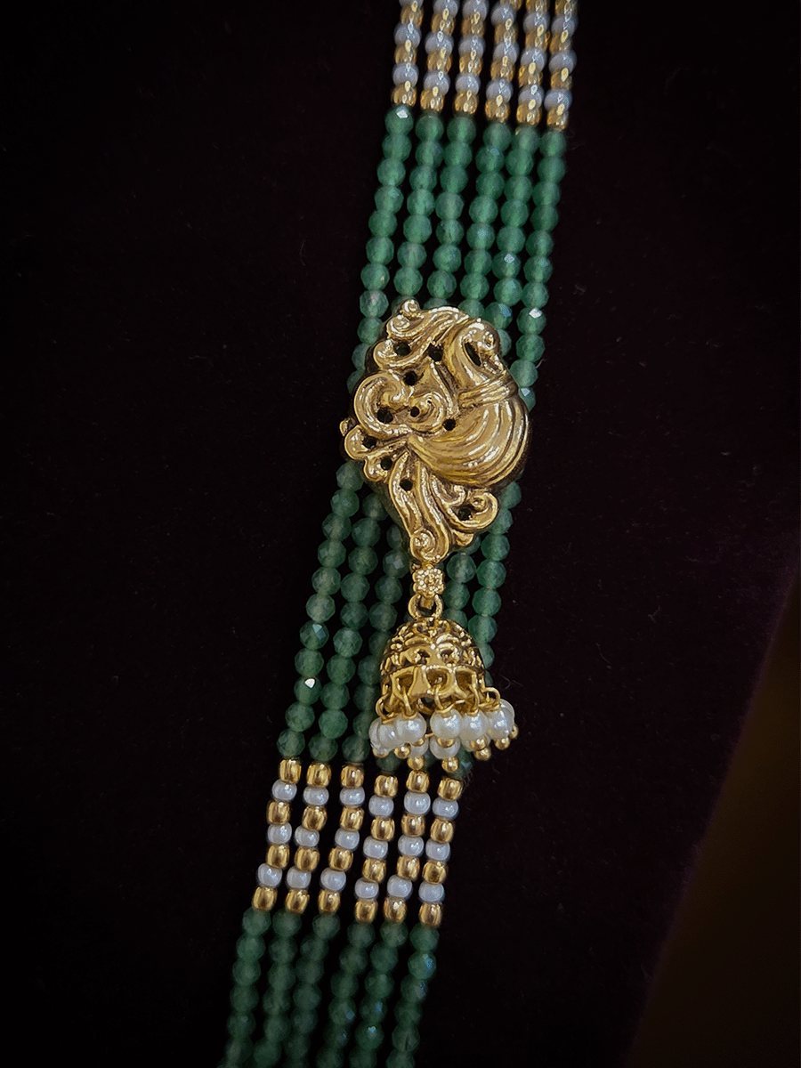 Jade bead and pearl strings Laxmiji 10" long pendant with jhoomki hangings set with side peacock with jhoomki brooches