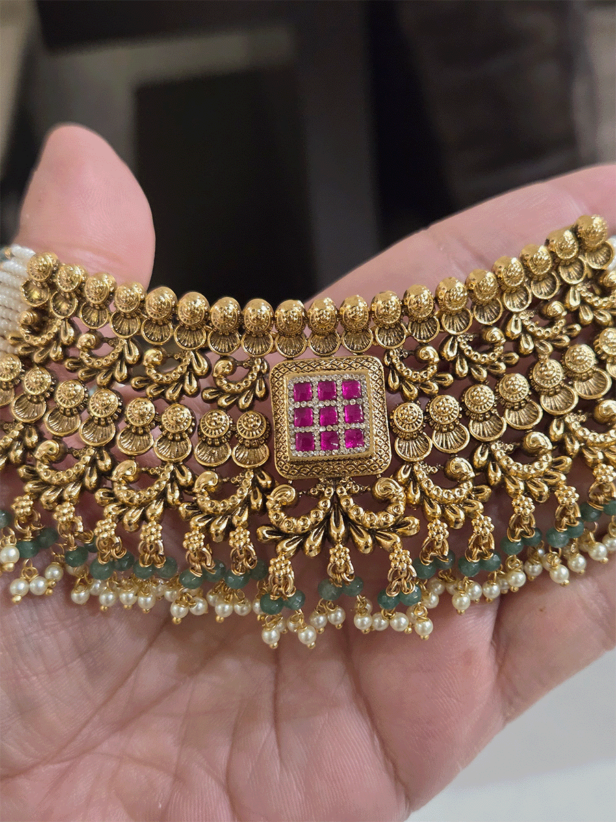 Ruby stone square center with aqua bead drops intricate carving set