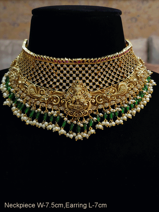 Ruby stones top mesh design laxmiji broad set with green drops and intricate side design