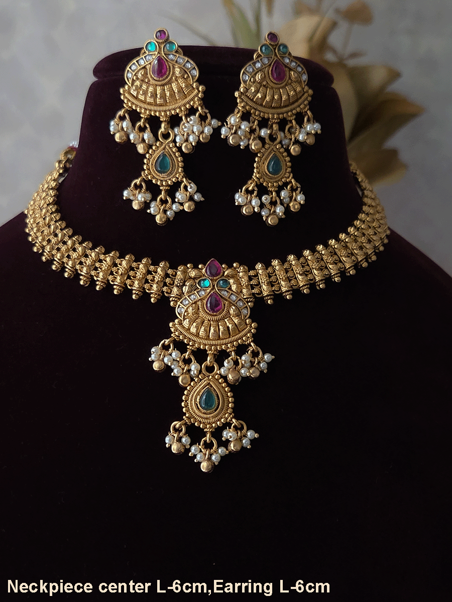 Kundan,green and ruby stone peacock design side broad chain set