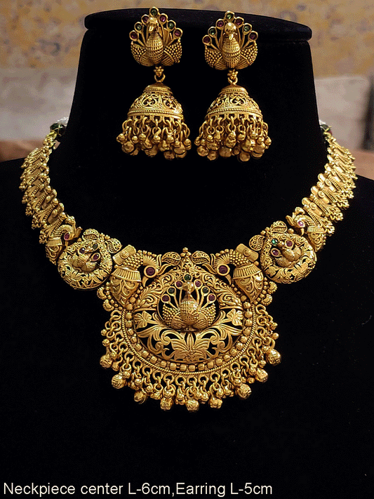 Peacock center with intricate carving and ghunghru hanging traditional necklace set