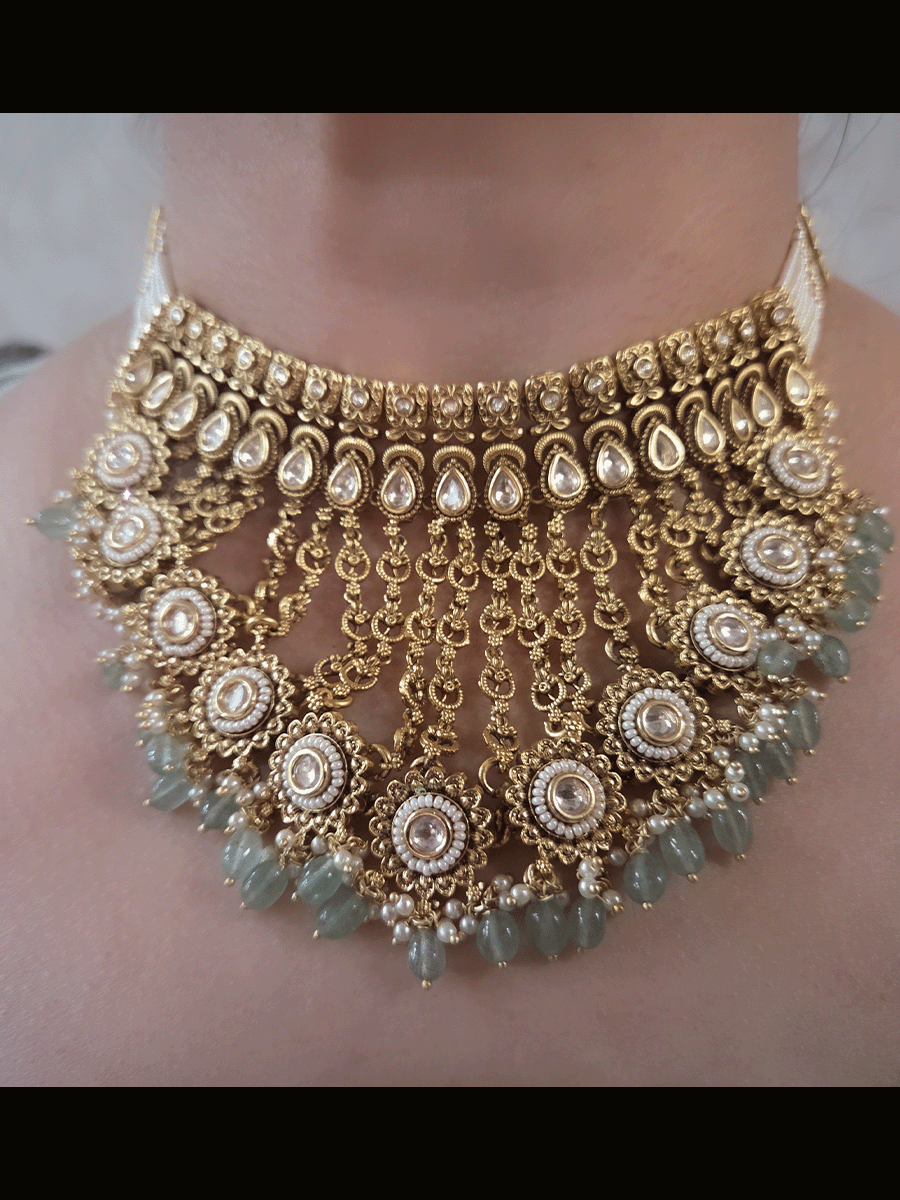 Leaf chain tassels circular kundan with pirohi 9cm long set with aqua beads