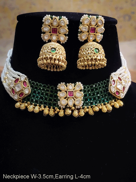 Green mesh back kundan and ruby tukdi with gold bead lace side cheed strings necklace set
