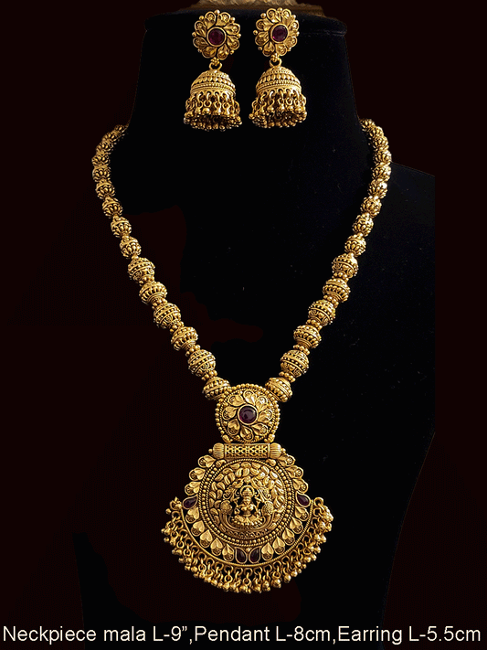 Circular top with ruby stone laxmiji pendant in matar bead string set