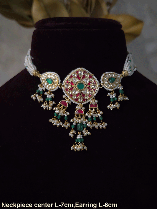 Paachi kundan red inlay work center tukdi with side leaf tukdies traditional set with green drops