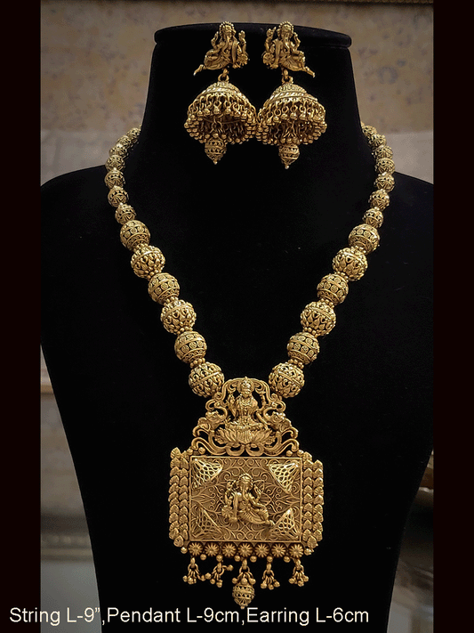 Matar bead string ganpatiji and laxmiji motif rectangular pendant set