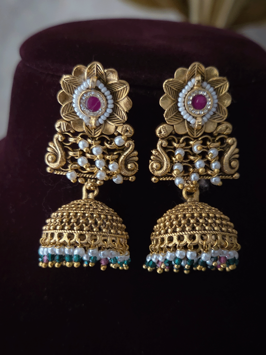 Rajputi choker with white,ruby and green beads hangings and mesh design with flower design set