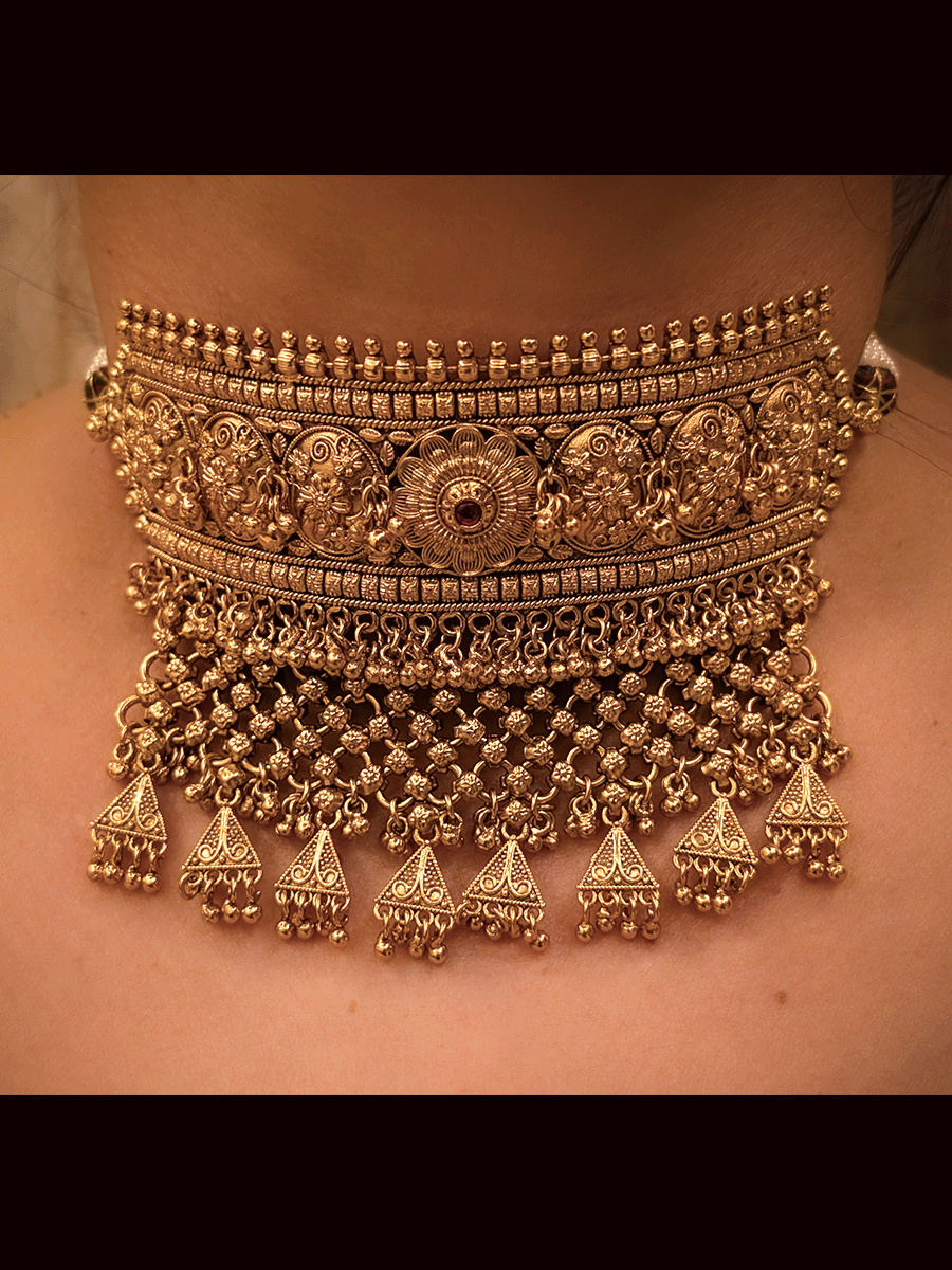 Flower center with side oval design ruby stone studded rajputi choker