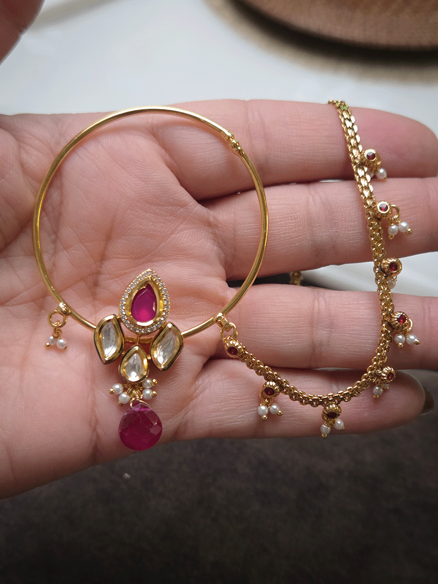 Tear drop ruby stone with AD outline and kundan with ruby drop 5cm nath with chain with pearl hangings